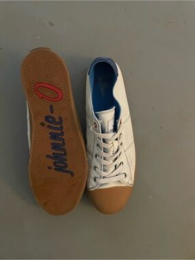 johnnie-O White Leather Sneakers with Tan Toe and Gum Sole
